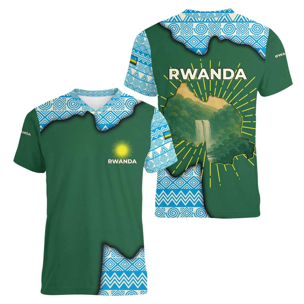 Rwanda Women V-Neck T-Shirt with Green Nature Map Waterfall Sunburst Spirit