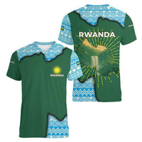 Rwanda Women V-Neck T-Shirt with Green Nature Map Waterfall Sunburst Spirit