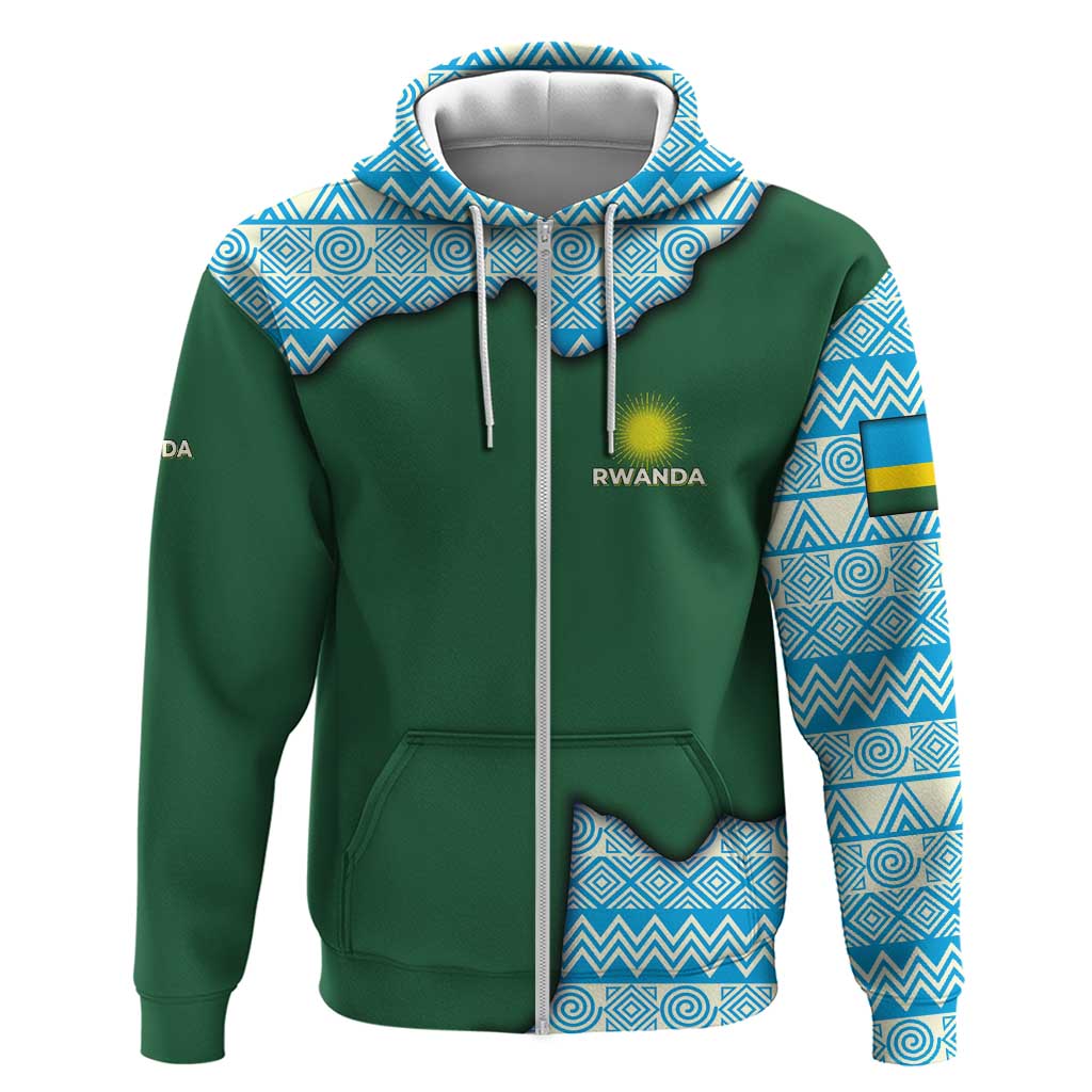 Rwanda Zip Hoodie with Green Nature Map Waterfall Sunburst Spirit