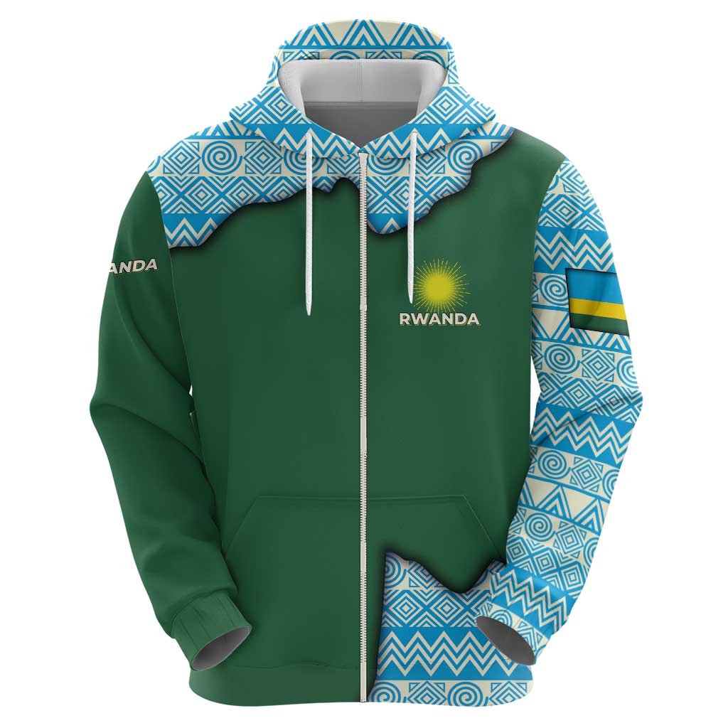 Rwanda Zip Hoodie with Green Nature Map Waterfall Sunburst Spirit
