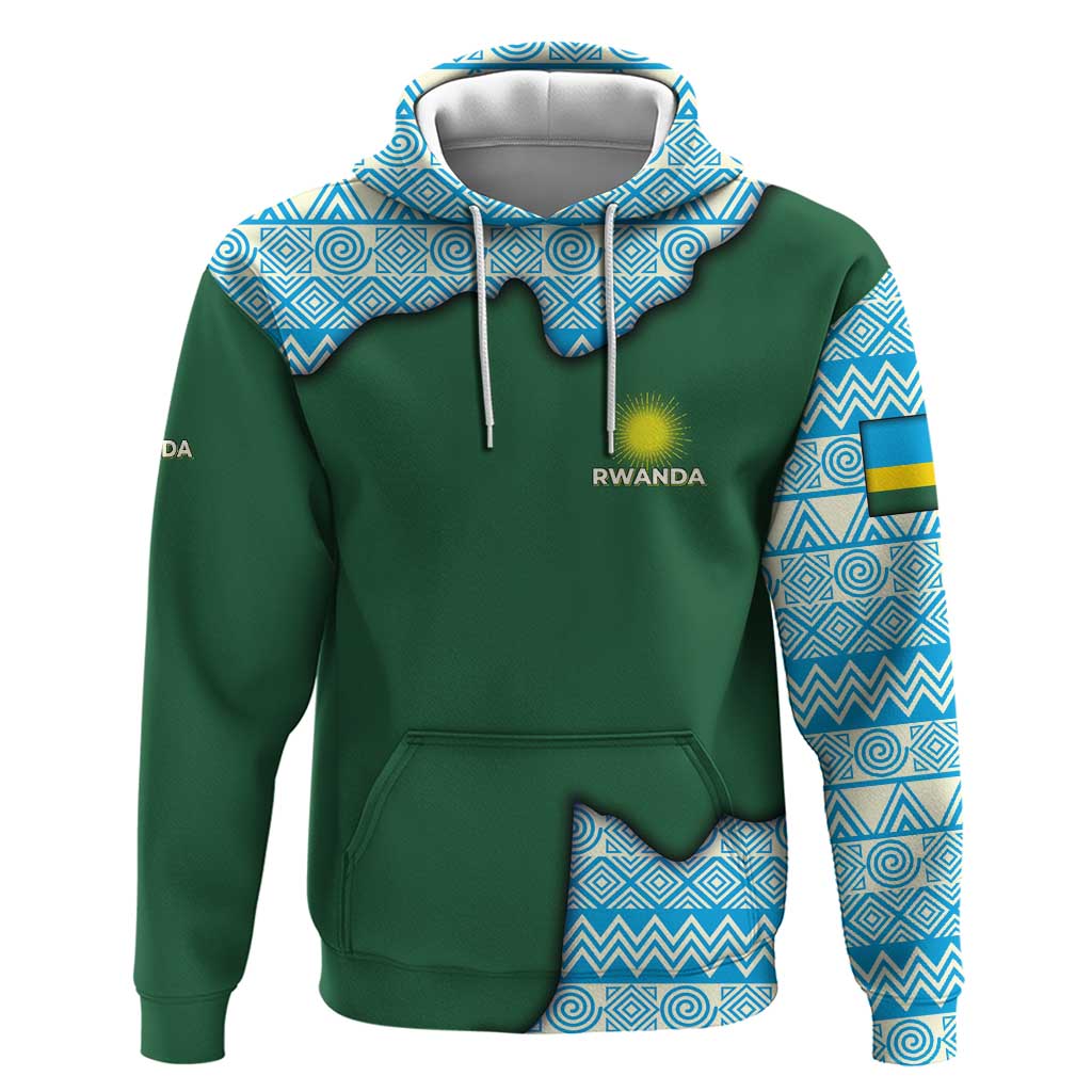 Rwanda Zip Hoodie with Green Nature Map Waterfall Sunburst Spirit