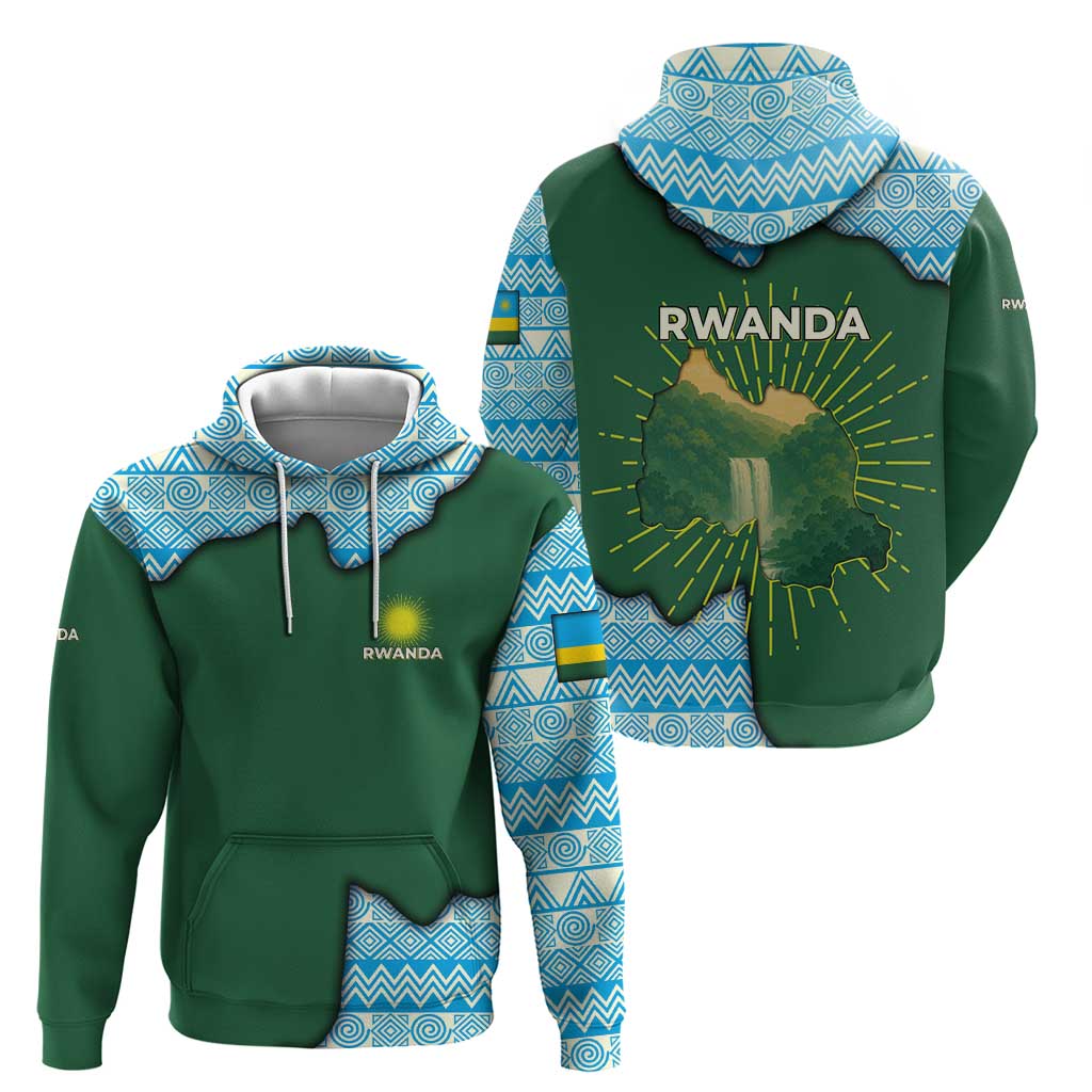 Rwanda Zip Hoodie with Green Nature Map Waterfall Sunburst Spirit