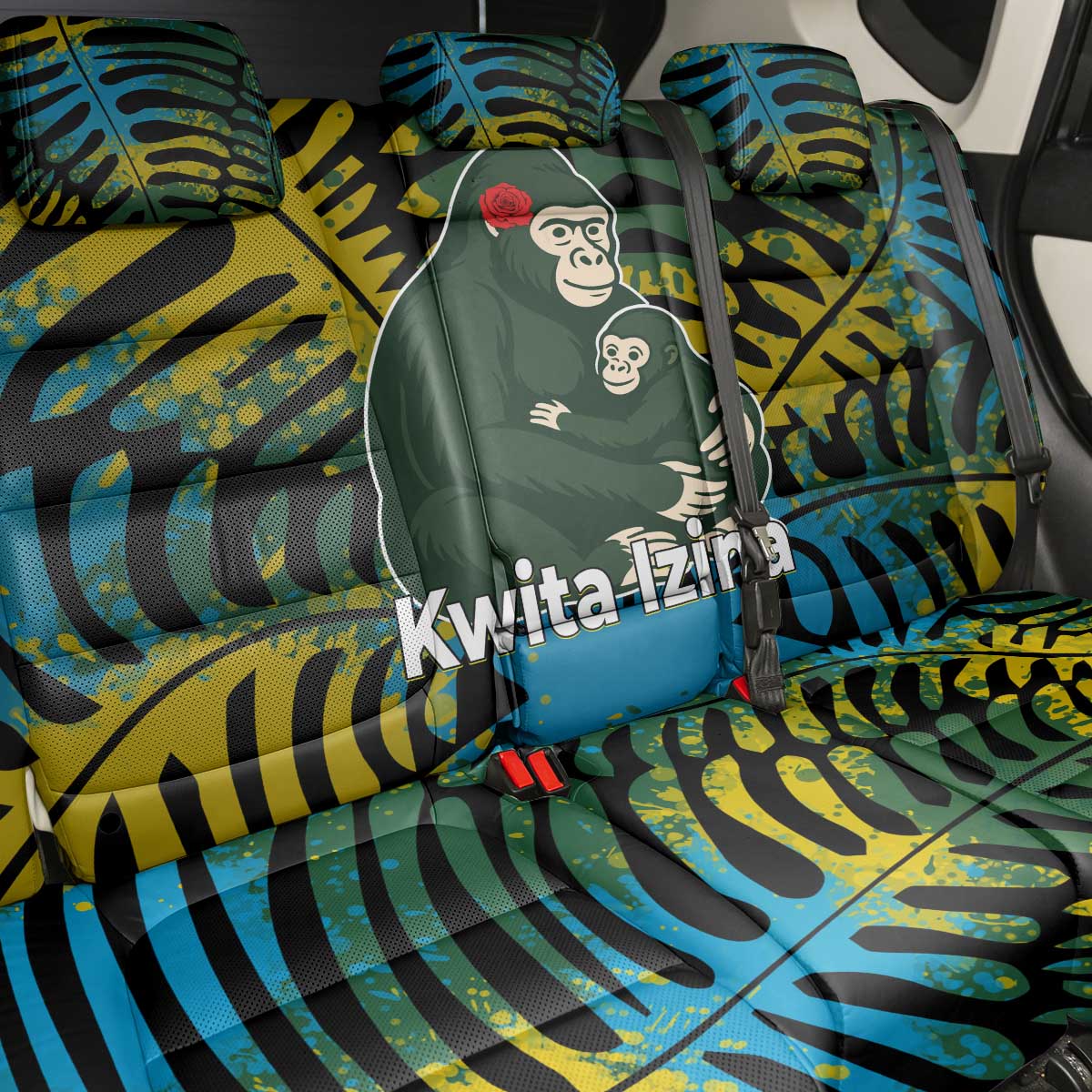 Rwanda Back Car Seat Cover with Gorilla Family Kwita Izina Leaf Jungle Spirit