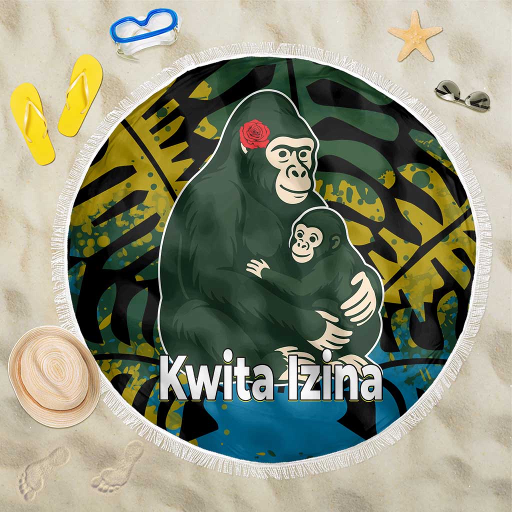 Rwanda Beach Blanket with Gorilla Family Kwita Izina Leaf Jungle Spirit