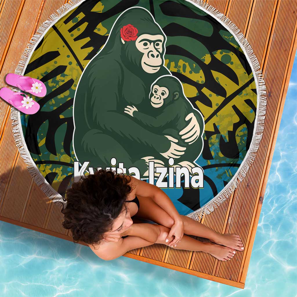 Rwanda Beach Blanket with Gorilla Family Kwita Izina Leaf Jungle Spirit