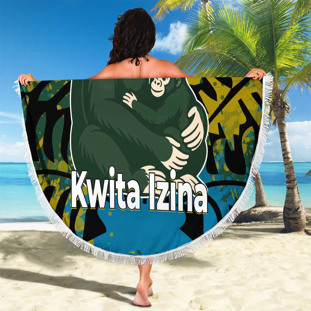 Rwanda Beach Blanket with Gorilla Family Kwita Izina Leaf Jungle Spirit