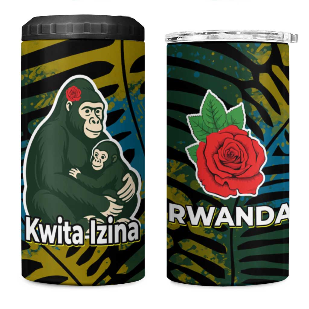 Rwanda 4 in 1 Can Cooler Tumbler with Gorilla Family Kwita Izina Leaf Jungle Spirit