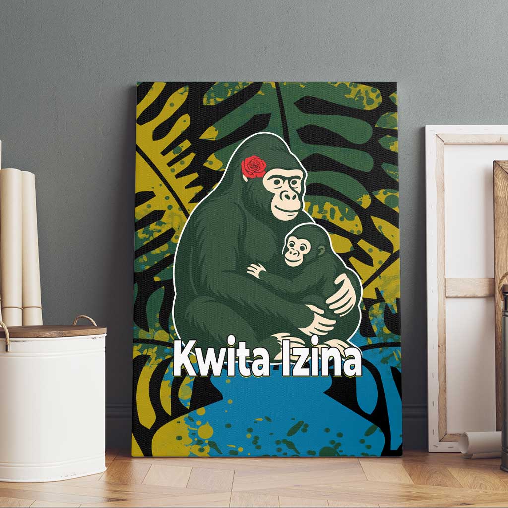 Rwanda Canvas Wall Art with Gorilla Family Kwita Izina Leaf Jungle Spirit