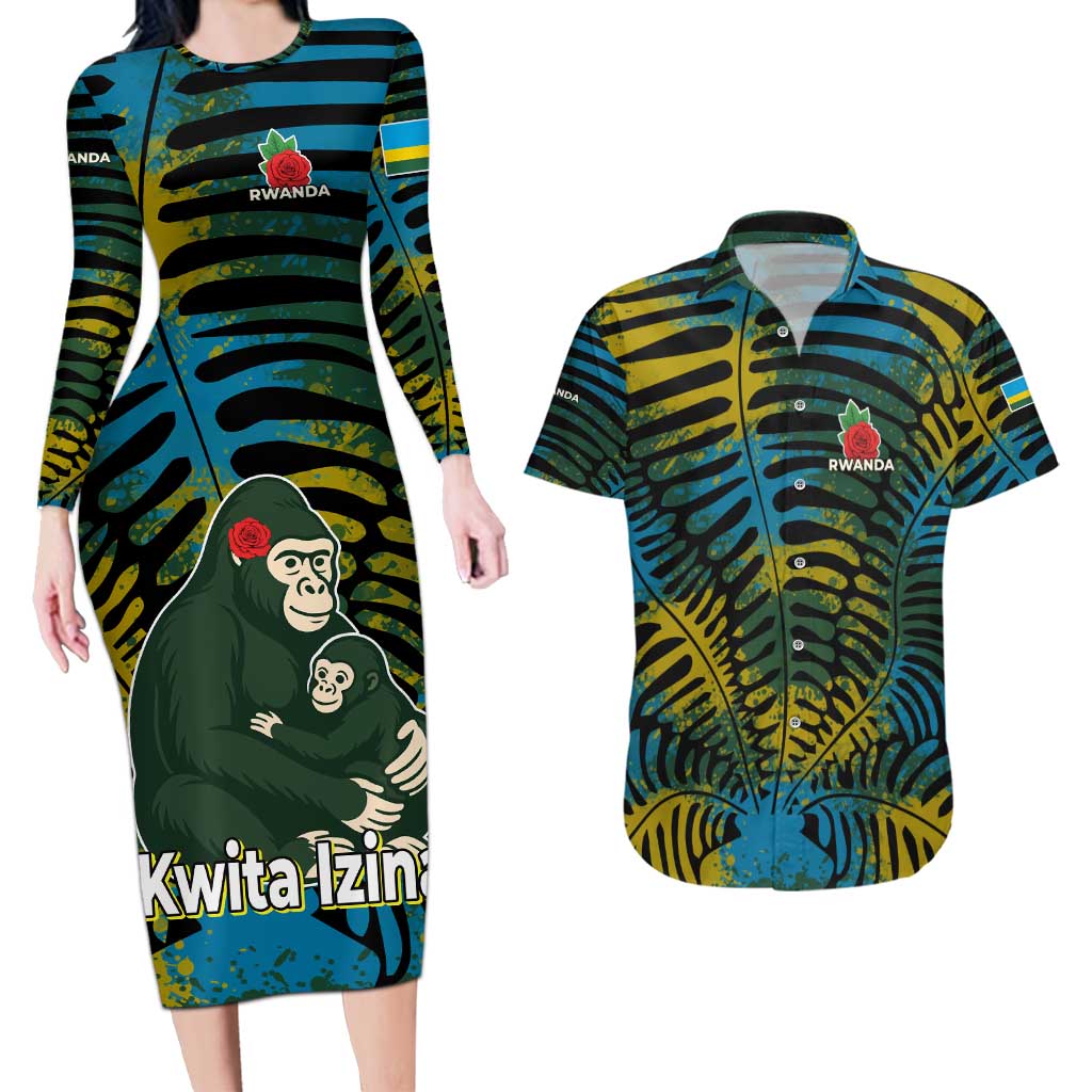 Rwanda Couples Matching Long Sleeve Bodycon Dress and Hawaiian Shirt with Gorilla Family Kwita Izina Leaf Jungle Spirit