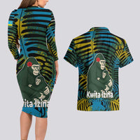 Rwanda Couples Matching Long Sleeve Bodycon Dress and Hawaiian Shirt with Gorilla Family Kwita Izina Leaf Jungle Spirit