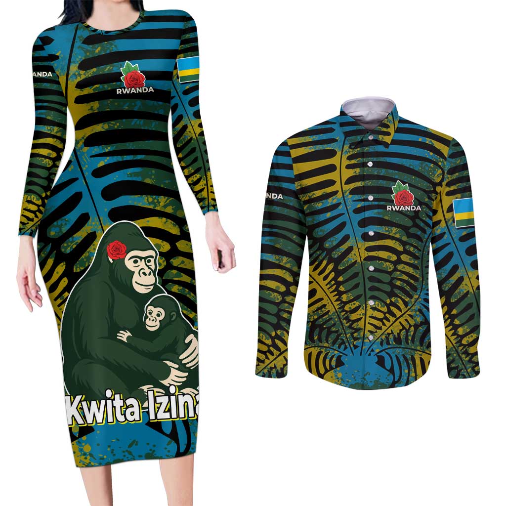Rwanda Couples Matching Long Sleeve Bodycon Dress and Long Sleeve Button Shirt with Gorilla Family Kwita Izina Leaf Jungle Spirit
