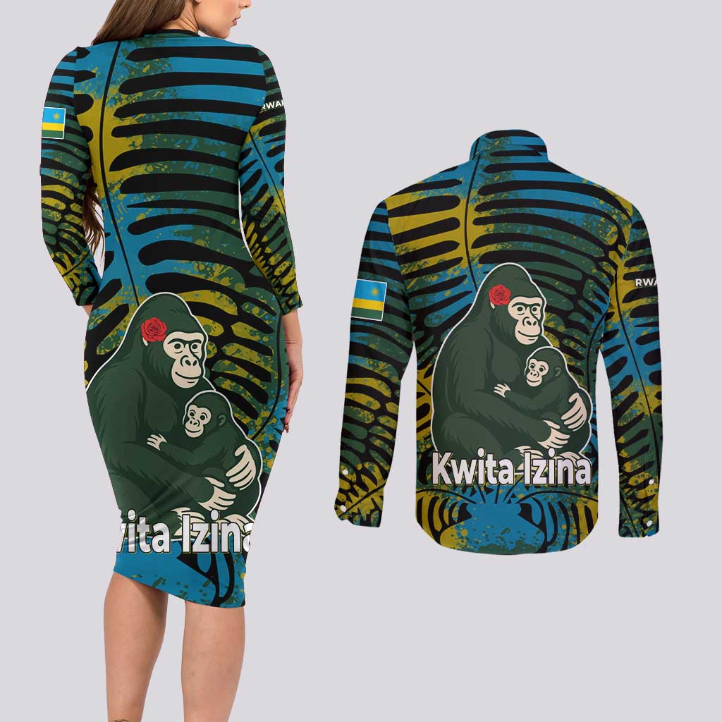 Rwanda Couples Matching Long Sleeve Bodycon Dress and Long Sleeve Button Shirt with Gorilla Family Kwita Izina Leaf Jungle Spirit