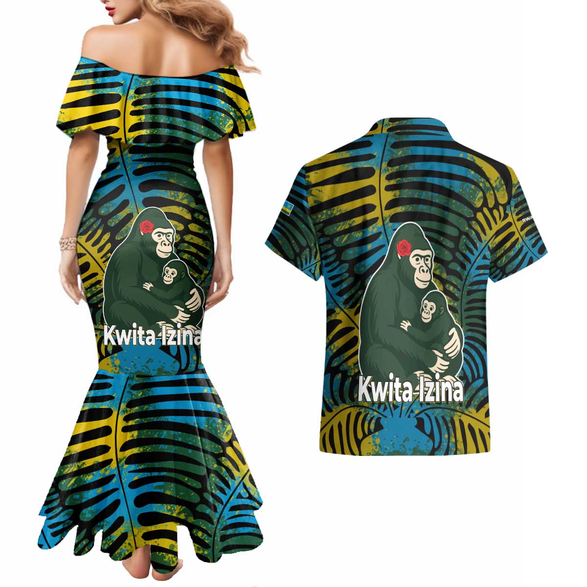 Rwanda Couples Matching Mermaid Dress and Hawaiian Shirt with Gorilla Family Kwita Izina Leaf Jungle Spirit