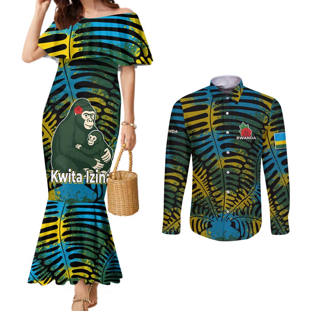 Rwanda Couples Matching Mermaid Dress and Long Sleeve Button Shirt with Gorilla Family Kwita Izina Leaf Jungle Spirit