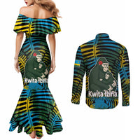Rwanda Couples Matching Mermaid Dress and Long Sleeve Button Shirt with Gorilla Family Kwita Izina Leaf Jungle Spirit