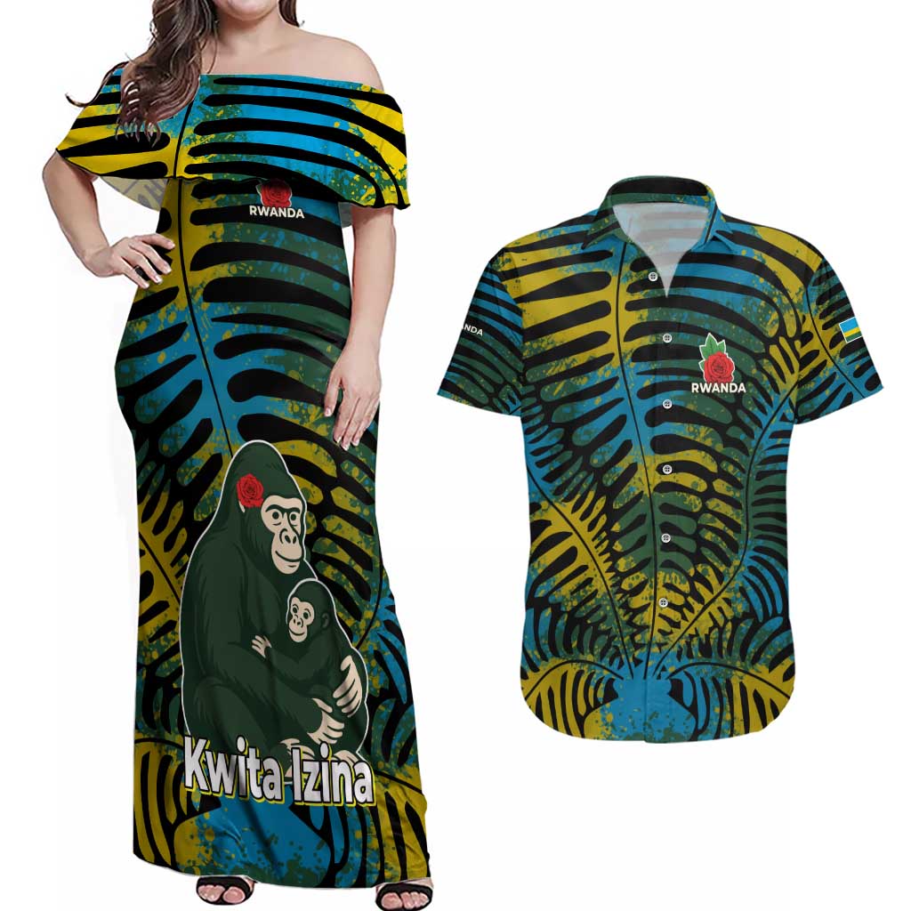 Rwanda Couples Matching Off Shoulder Maxi Dress and Hawaiian Shirt with Gorilla Family Kwita Izina Leaf Jungle Spirit