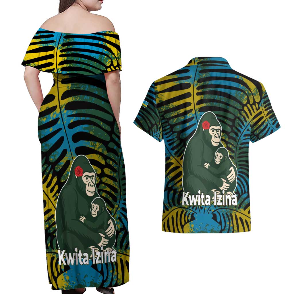 Rwanda Couples Matching Off Shoulder Maxi Dress and Hawaiian Shirt with Gorilla Family Kwita Izina Leaf Jungle Spirit