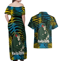Rwanda Couples Matching Off Shoulder Maxi Dress and Hawaiian Shirt with Gorilla Family Kwita Izina Leaf Jungle Spirit