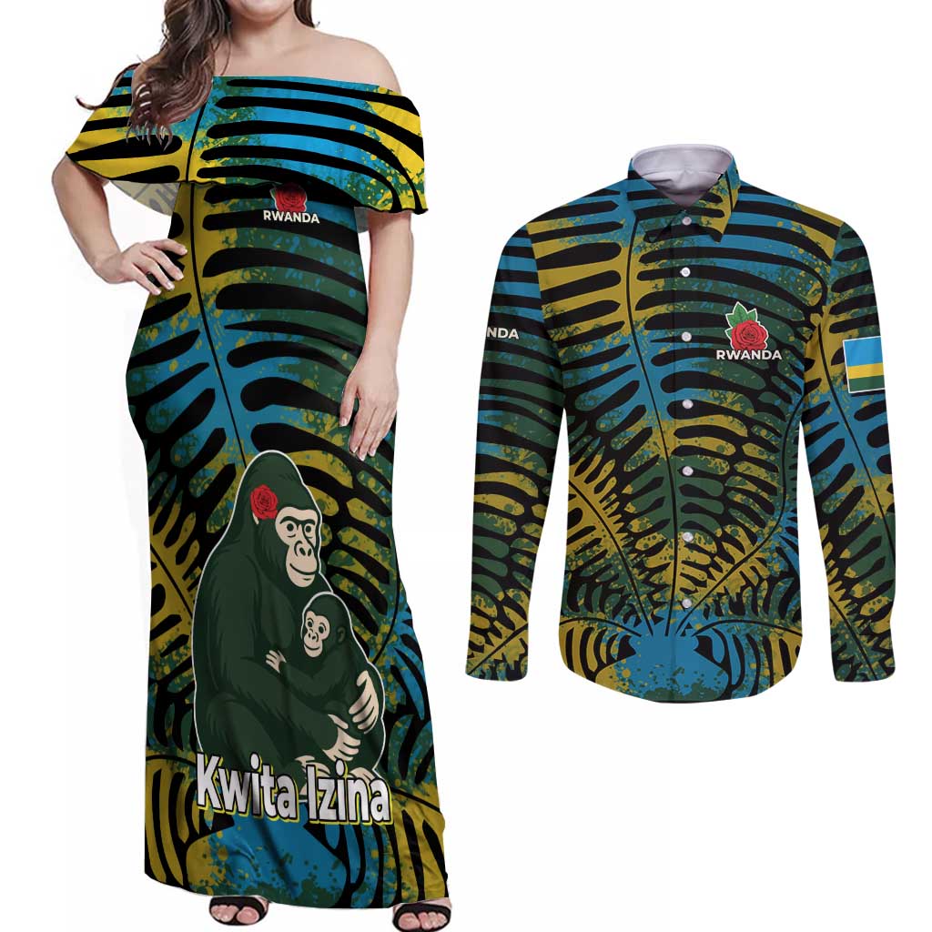 Rwanda Couples Matching Off Shoulder Maxi Dress and Long Sleeve Button Shirt with Gorilla Family Kwita Izina Leaf Jungle Spirit