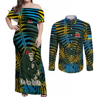 Rwanda Couples Matching Off Shoulder Maxi Dress and Long Sleeve Button Shirt with Gorilla Family Kwita Izina Leaf Jungle Spirit