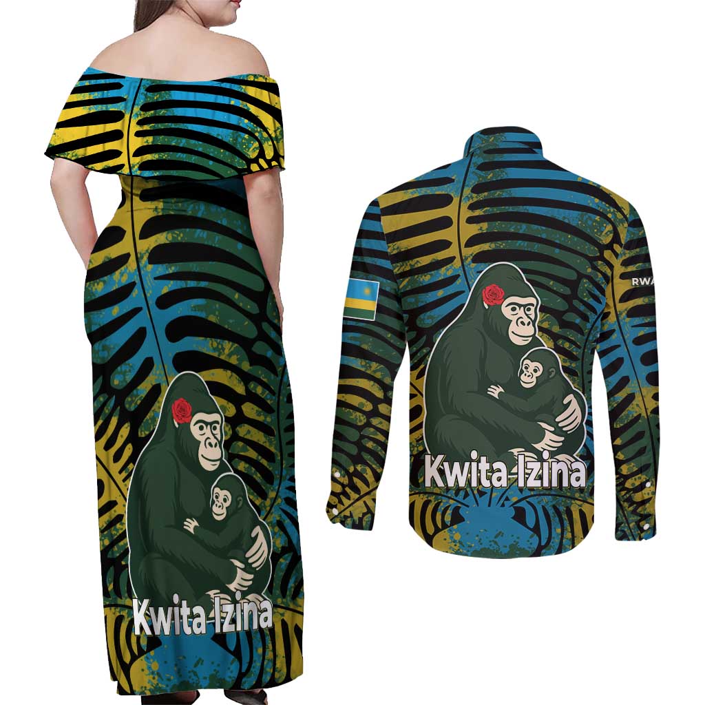 Rwanda Couples Matching Off Shoulder Maxi Dress and Long Sleeve Button Shirt with Gorilla Family Kwita Izina Leaf Jungle Spirit