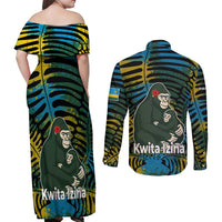 Rwanda Couples Matching Off Shoulder Maxi Dress and Long Sleeve Button Shirt with Gorilla Family Kwita Izina Leaf Jungle Spirit