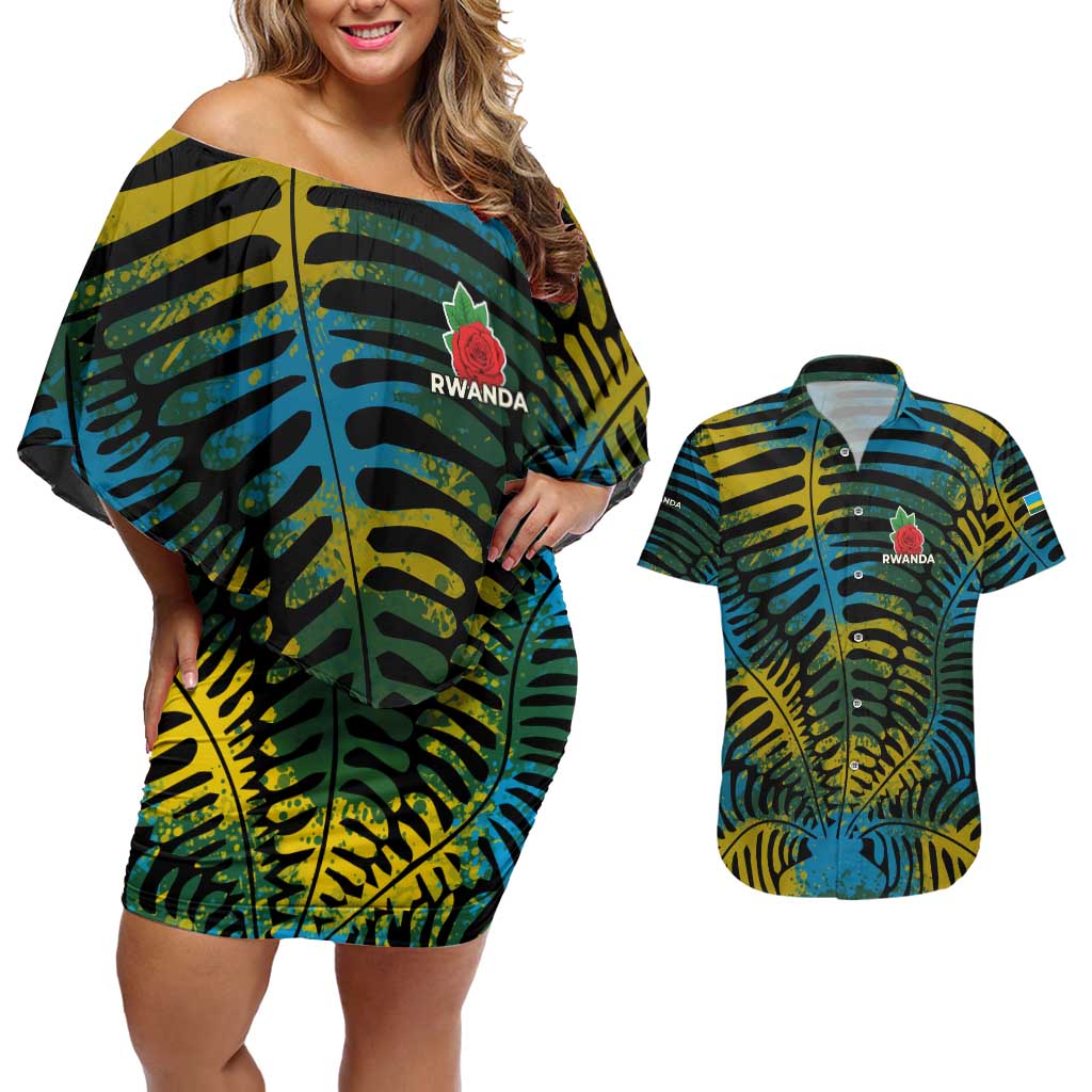 Rwanda Couples Matching Off Shoulder Short Dress and Hawaiian Shirt with Gorilla Family Kwita Izina Leaf Jungle Spirit