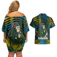 Rwanda Couples Matching Off Shoulder Short Dress and Hawaiian Shirt with Gorilla Family Kwita Izina Leaf Jungle Spirit