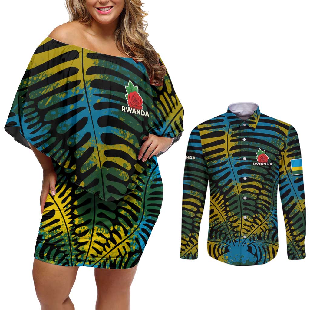 Rwanda Couples Matching Off Shoulder Short Dress and Long Sleeve Button Shirt with Gorilla Family Kwita Izina Leaf Jungle Spirit