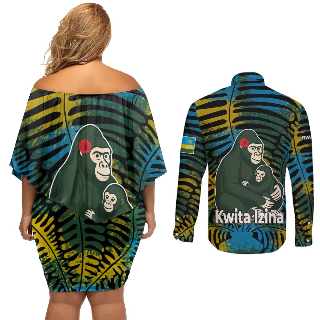Rwanda Couples Matching Off Shoulder Short Dress and Long Sleeve Button Shirt with Gorilla Family Kwita Izina Leaf Jungle Spirit