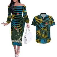 Rwanda Couples Matching Off The Shoulder Long Sleeve Dress and Hawaiian Shirt with Gorilla Family Kwita Izina Leaf Jungle Spirit