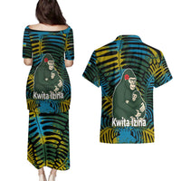 Rwanda Couples Matching Puletasi and Hawaiian Shirt with Gorilla Family Kwita Izina Leaf Jungle Spirit
