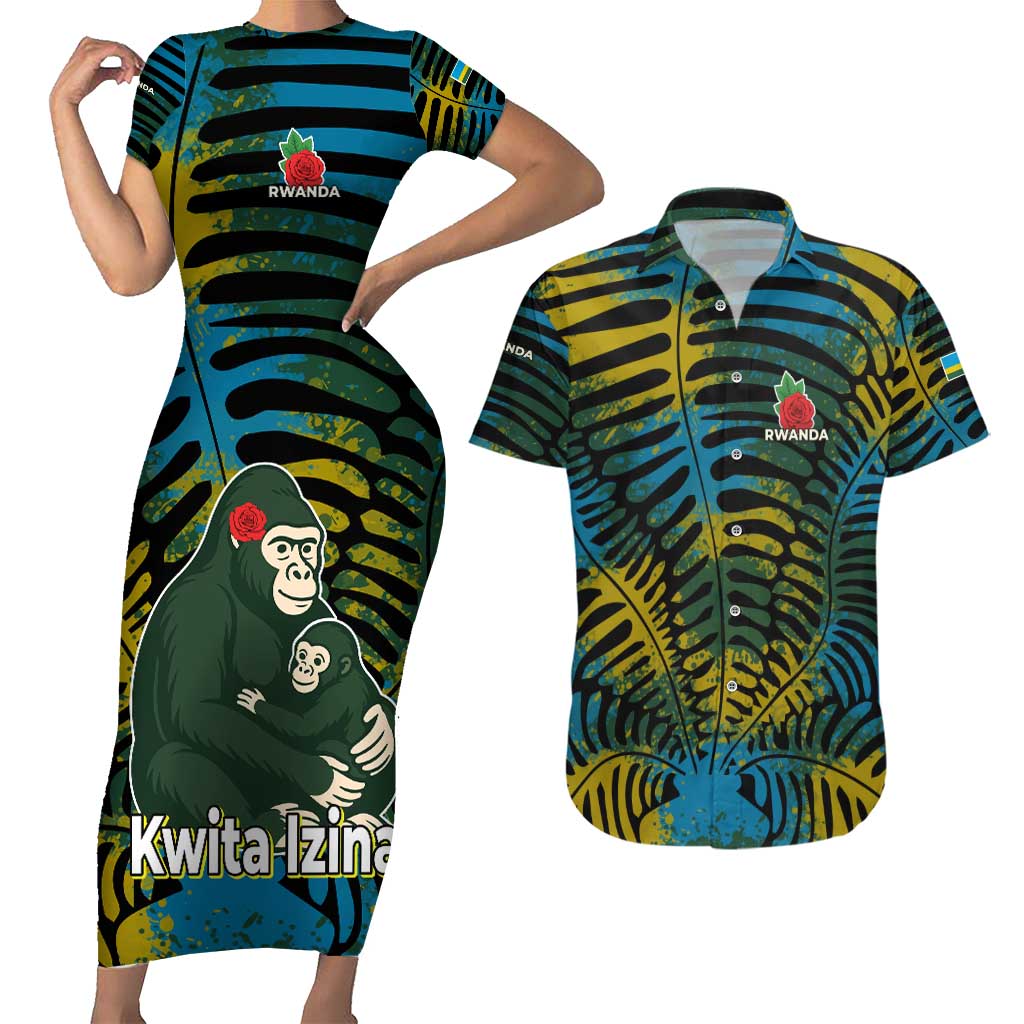 Rwanda Couples Matching Short Sleeve Bodycon Dress and Hawaiian Shirt with Gorilla Family Kwita Izina Leaf Jungle Spirit