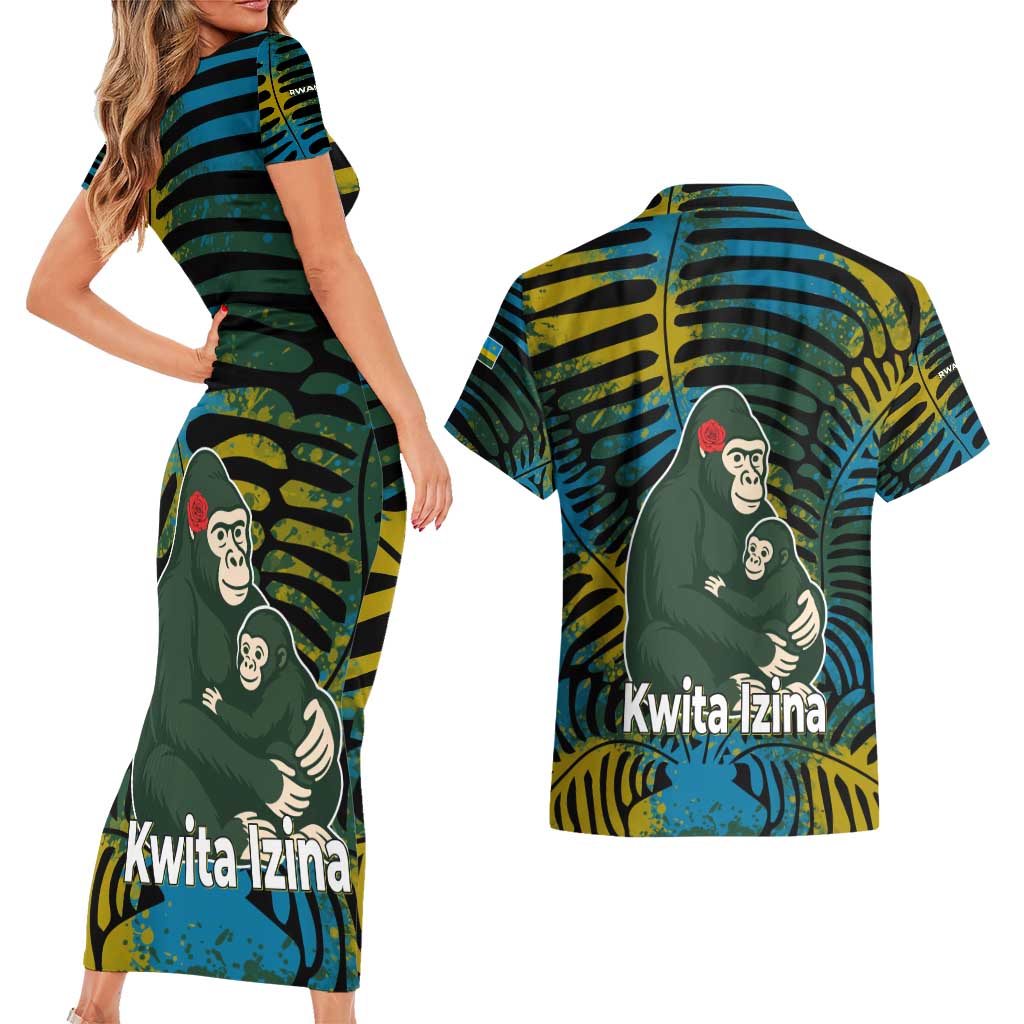Rwanda Couples Matching Short Sleeve Bodycon Dress and Hawaiian Shirt with Gorilla Family Kwita Izina Leaf Jungle Spirit