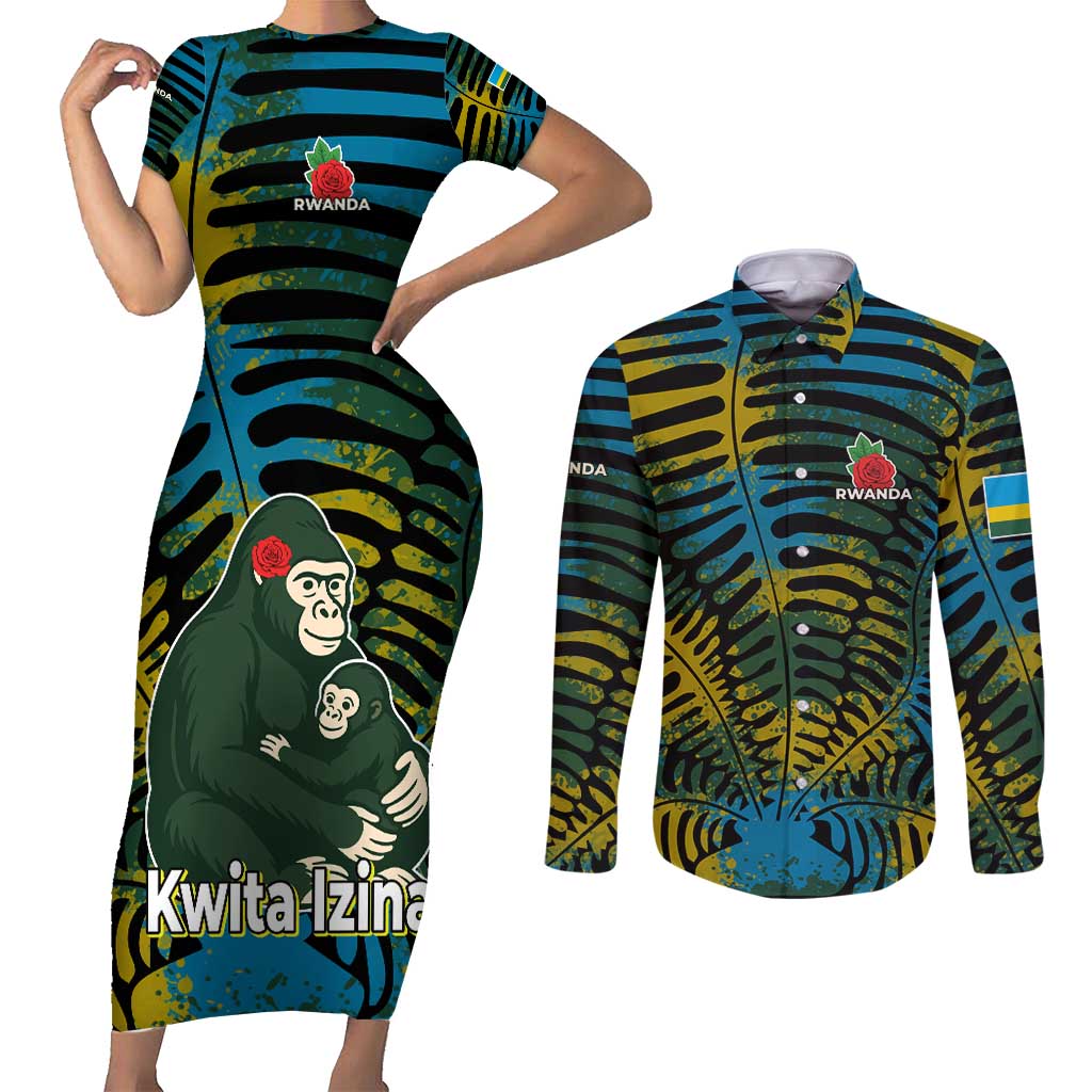 Rwanda Couples Matching Short Sleeve Bodycon Dress and Long Sleeve Button Shirt with Gorilla Family Kwita Izina Leaf Jungle Spirit