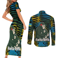 Rwanda Couples Matching Short Sleeve Bodycon Dress and Long Sleeve Button Shirt with Gorilla Family Kwita Izina Leaf Jungle Spirit