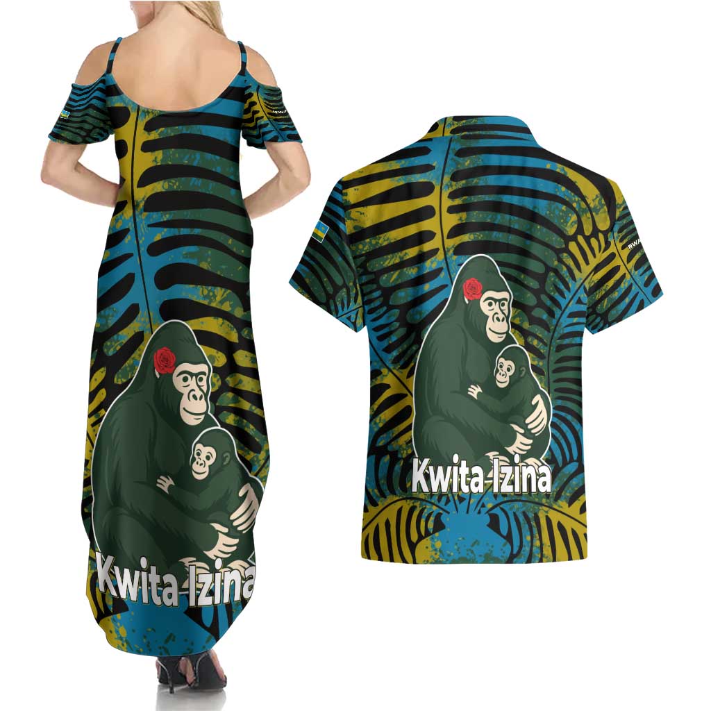 Rwanda Couples Matching Summer Maxi Dress and Hawaiian Shirt with Gorilla Family Kwita Izina Leaf Jungle Spirit