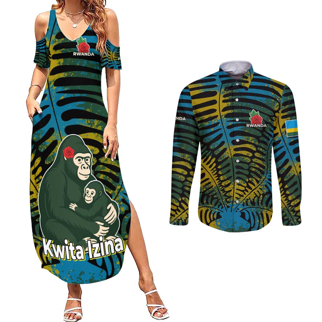 Rwanda Couples Matching Summer Maxi Dress and Long Sleeve Button Shirt with Gorilla Family Kwita Izina Leaf Jungle Spirit