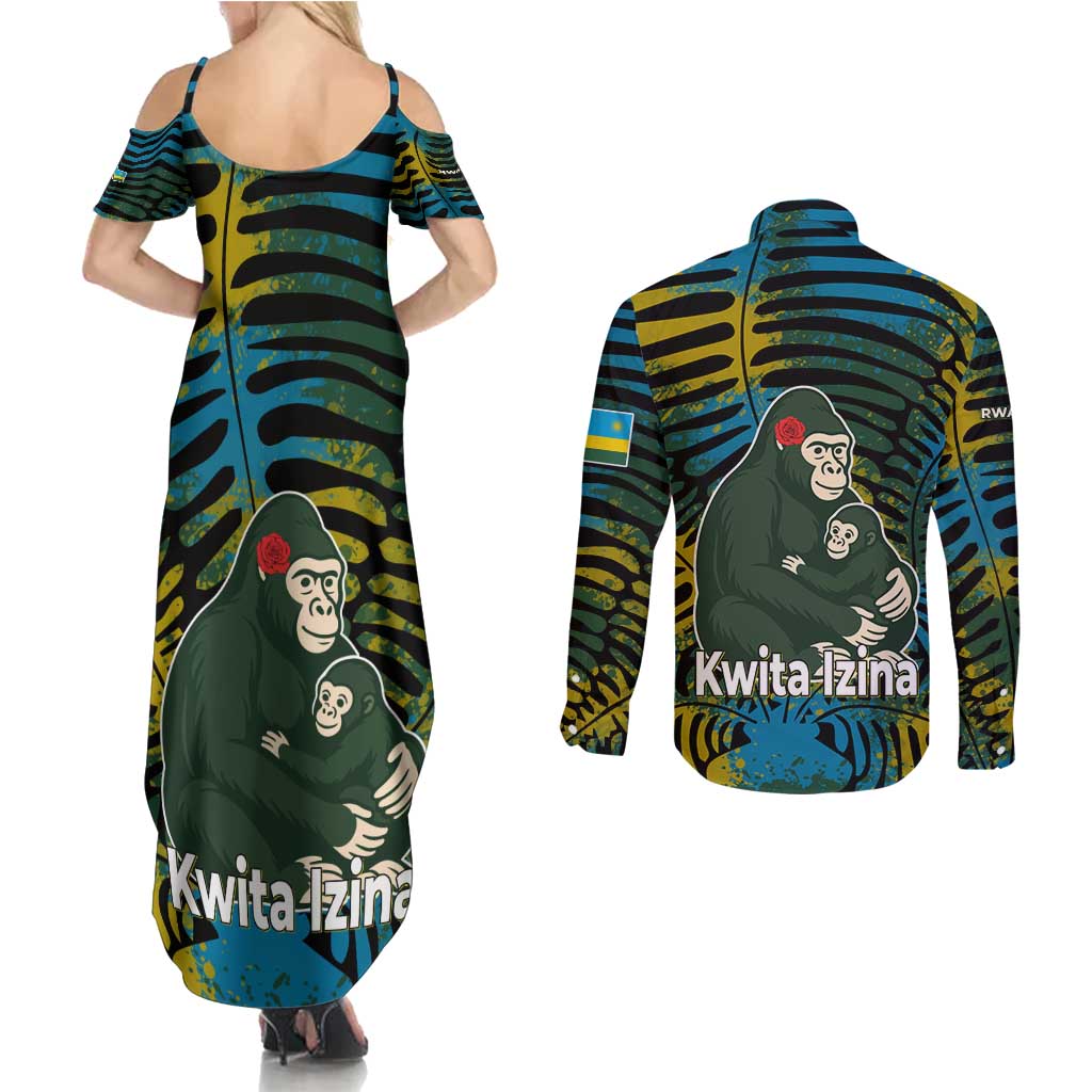 Rwanda Couples Matching Summer Maxi Dress and Long Sleeve Button Shirt with Gorilla Family Kwita Izina Leaf Jungle Spirit