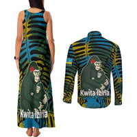 Rwanda Couples Matching Tank Maxi Dress and Long Sleeve Button Shirt with Gorilla Family Kwita Izina Leaf Jungle Spirit