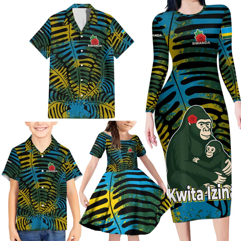 Rwanda Family Matching Long Sleeve Bodycon Dress and Hawaiian Shirt with Gorilla Family Kwita Izina Leaf Jungle Spirit