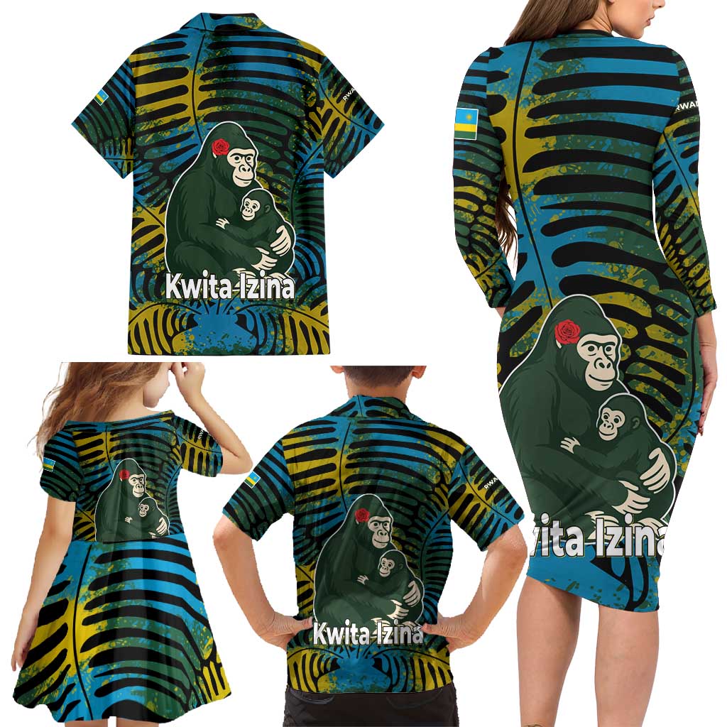 Rwanda Family Matching Long Sleeve Bodycon Dress and Hawaiian Shirt with Gorilla Family Kwita Izina Leaf Jungle Spirit