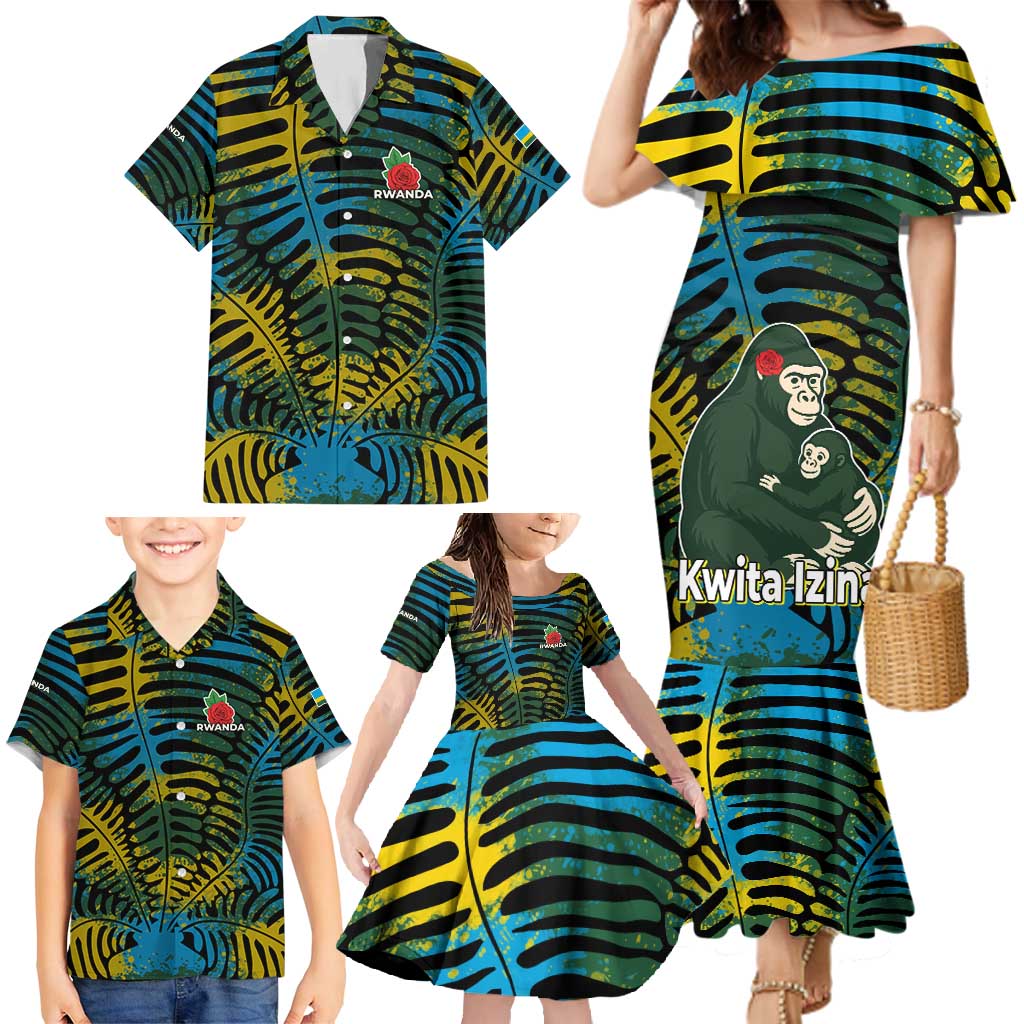 Rwanda Family Matching Mermaid Dress and Hawaiian Shirt with Gorilla Family Kwita Izina Leaf Jungle Spirit