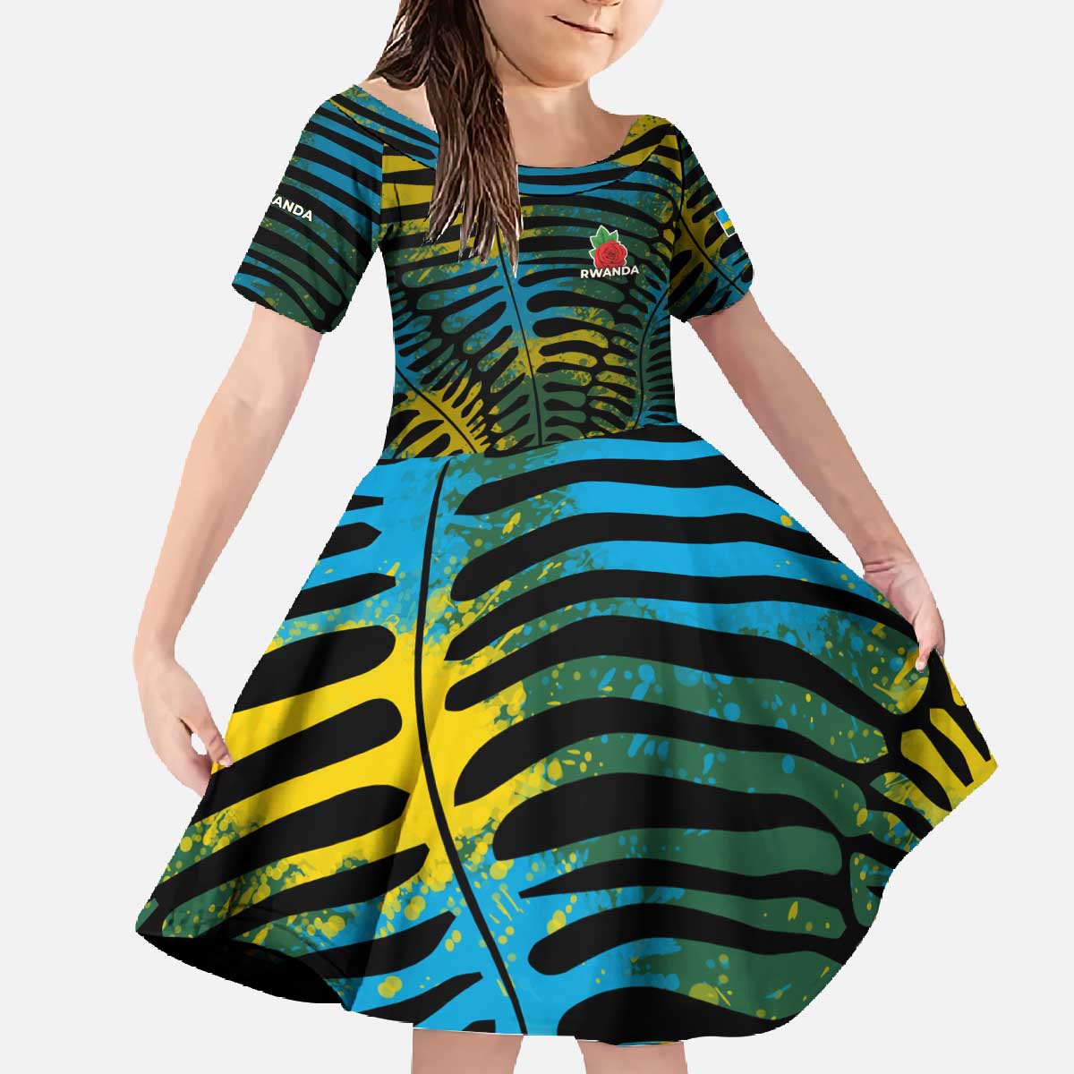 Rwanda Family Matching Off The Shoulder Long Sleeve Dress and Hawaiian Shirt with Gorilla Family Kwita Izina Leaf Jungle Spirit