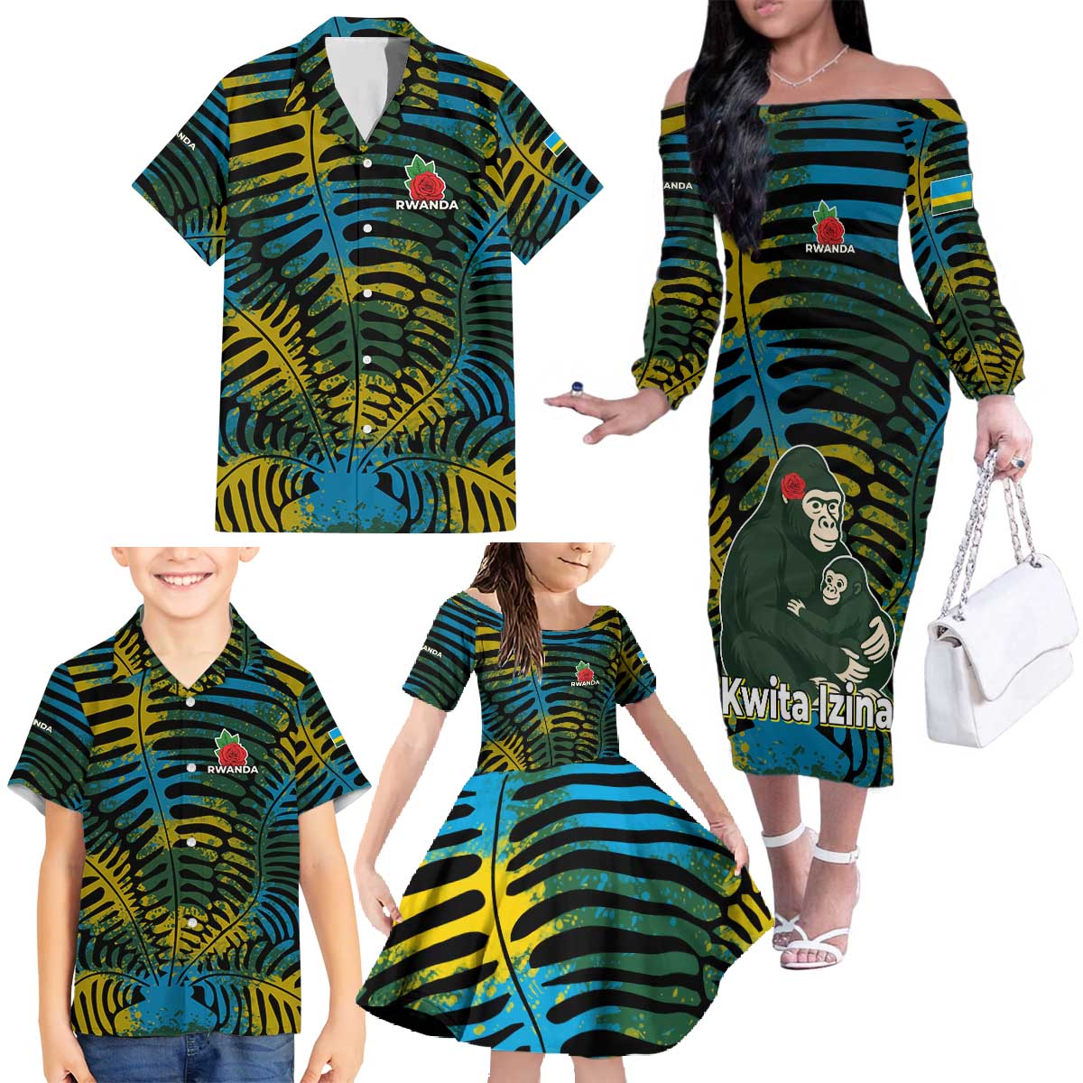 Rwanda Family Matching Off The Shoulder Long Sleeve Dress and Hawaiian Shirt with Gorilla Family Kwita Izina Leaf Jungle Spirit