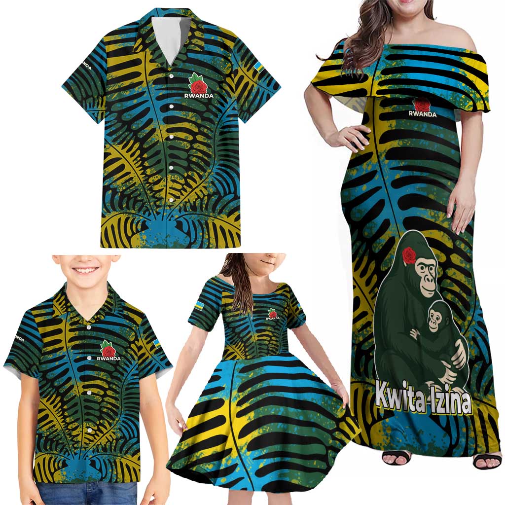 Rwanda Family Matching Off Shoulder Maxi Dress and Hawaiian Shirt with Gorilla Family Kwita Izina Leaf Jungle Spirit