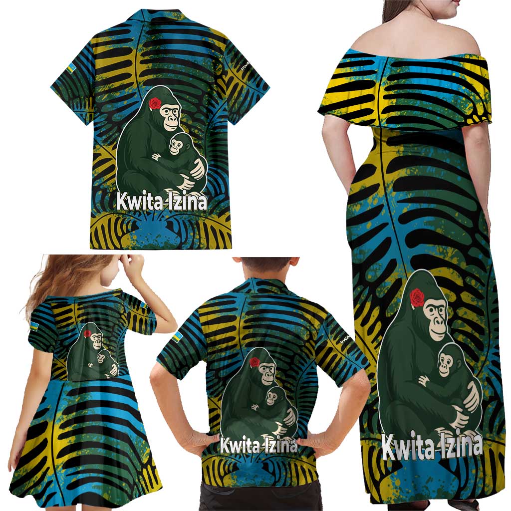 Rwanda Family Matching Off Shoulder Maxi Dress and Hawaiian Shirt with Gorilla Family Kwita Izina Leaf Jungle Spirit