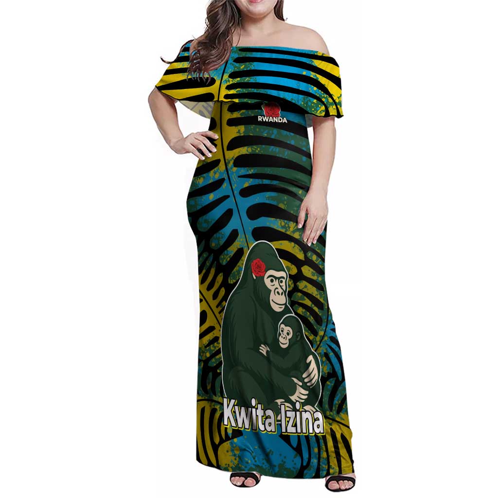 Rwanda Family Matching Off Shoulder Maxi Dress and Hawaiian Shirt with Gorilla Family Kwita Izina Leaf Jungle Spirit