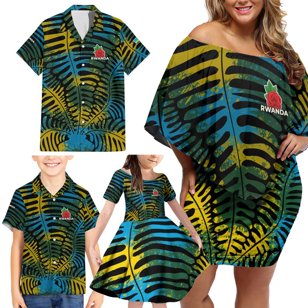 Rwanda Family Matching Off Shoulder Short Dress and Hawaiian Shirt with Gorilla Family Kwita Izina Leaf Jungle Spirit
