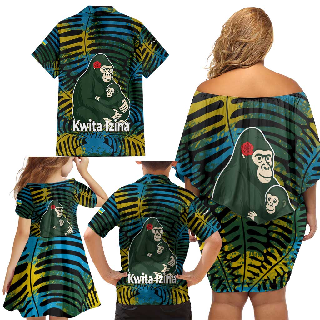 Rwanda Family Matching Off Shoulder Short Dress and Hawaiian Shirt with Gorilla Family Kwita Izina Leaf Jungle Spirit